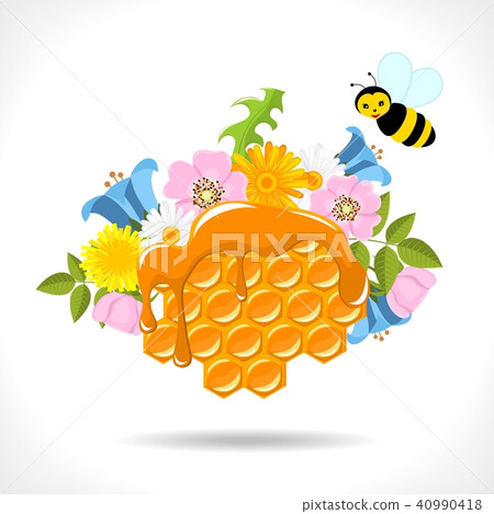 honeycomb with honey, flowers and bees honeycomb with honey, flowers and bees 40990418
