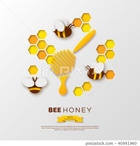 Bee with honeycombs and dipper, paper cut ctyle. Template design for beekiping and honey product 40991960