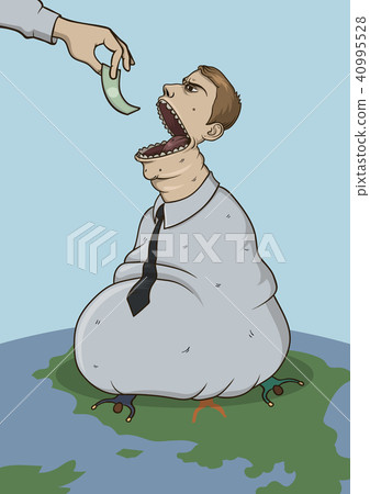 Sackman devouring money. Corrupt official caricature. Huge bag-shaped figure sitting on Earth 40995528