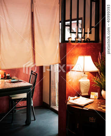 Red Chinese interior room with table, wooden chair Red Chinese interior room with table, wooden chair 40999393