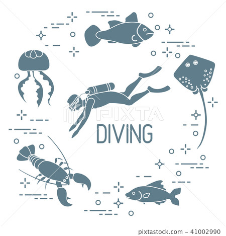 Diver, jellyfish, lobster, stingray, fish Diver, jellyfish, lobster, stingray, fish 41002990