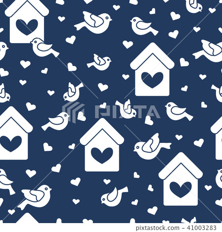 Seamless pattern with birds, birdhouses and hearts Seamless pattern with birds, birdhouses and hearts 41003283