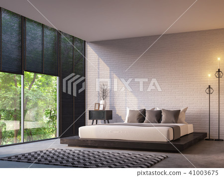 Modern loft bedroom with nature view 3d render Modern loft bedroom with nature view 3d render 41003675