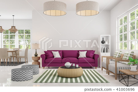 Modern white living room and dining room 3d render 41003696