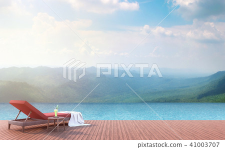 Swimming pool terrace with mountain view 3d render 41003707
