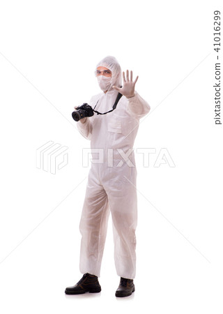 Forensic specialist in protective suit taking photos on white 41016299