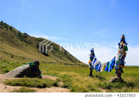 Buddhist prayer flags on ritual poles 41017803