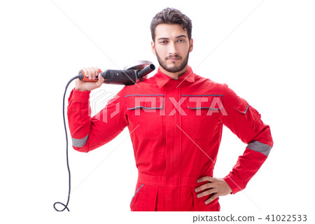 Young man with circular polisher isolated on white Young man with circular polisher isolated on white 41022533