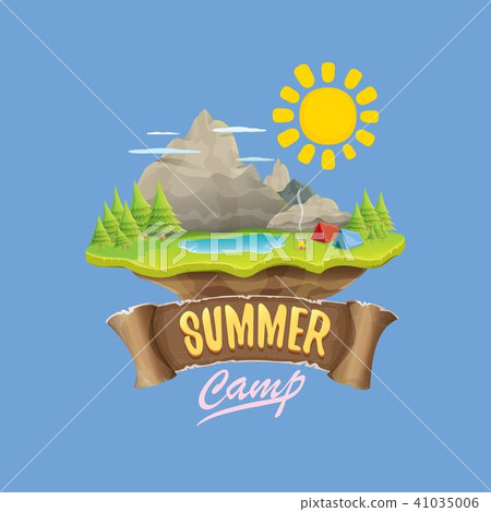 summer camp kids logo concept illustration with green valley, mountains, trees, sun, clouds, camp 41035006