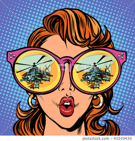 Woman with sunglasses. military helicopter in reflection Woman with sunglasses. military helicopter in reflection 41039430