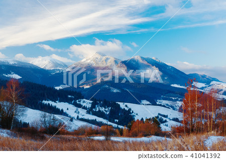 Beautiful mountain snowy landscape. Beautiful sunny day in the mountains. 41041392