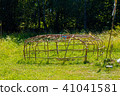 wooden skeleton made for indian sauna in open summer landscape. 41041581