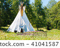 white teepee indian tent and wooden skeleton made for indian saunain. 41041587