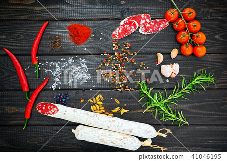 Sliced cured sausage with spices Sliced cured sausage with spices 41046195