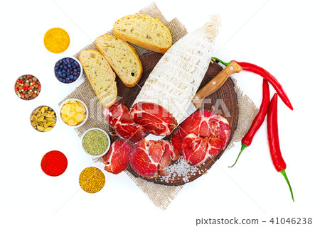 Sliced cured coppa with pieces of Italian ciabatta Sliced cured coppa with pieces of Italian ciabatta 41046238