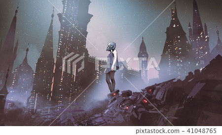 anime girl in cyberpunk city Stock Illustration