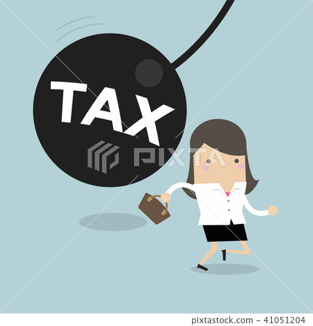Businesswoman running away from tax pendulum. Businesswoman running away from tax pendulum. 41051204