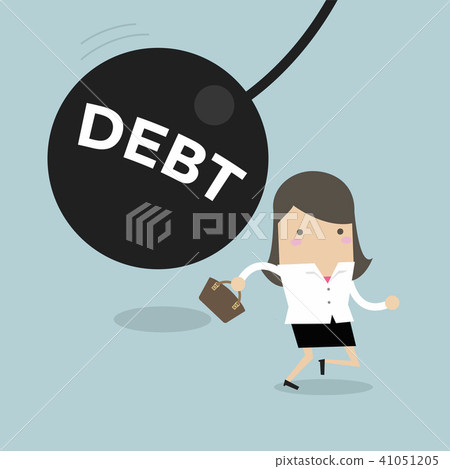 Businesswoman running away from debt pendulum. Businesswoman running away from debt pendulum. 41051205