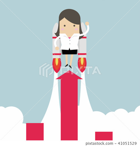 Businesswoman with jetpack and graph fling up. Businesswoman with jetpack and graph fling up. 41051529