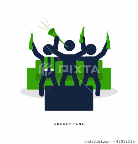 Football fans with beer bottle cheer on sofa. 41051539