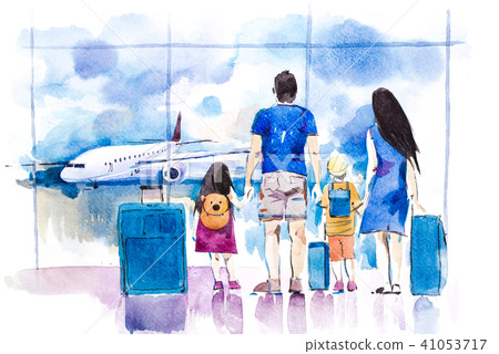 Young family travelling in international airport standing near window. 41053717