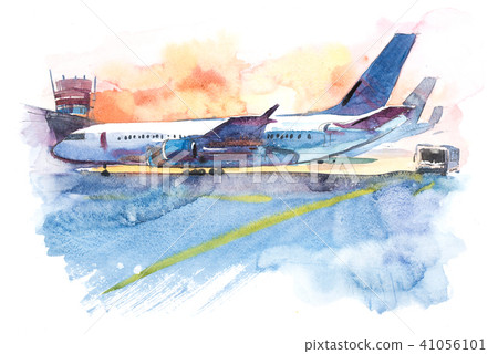 Airplane is at the airport on the take-off field. Watercolor illustration 41056101