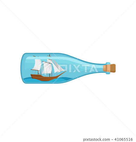 Flat vector icon of glass bottle with sea ship and water inside. Miniature model of marine vessel 41065516