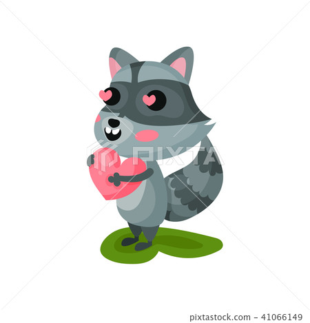 Enamored raccoon holding pink heart in paws. Funny forest animal. Flat vector design for greeting Enamored raccoon holding pink heart in paws. Funny forest animal. Flat vector design for greeting 41066149