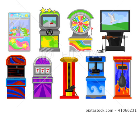 Flat vector set of various arcade machines. Boxing, claw crane, strength tester, auto simulator Flat vector set of various arcade machines. Boxing, claw crane, strength tester, auto simulator 41066231