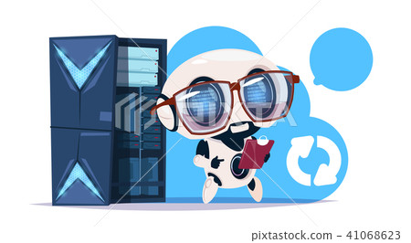Data storage artificial intelligence center with hosting servers and staff. Computer robot Data storage artificial intelligence center with hosting servers and staff. Computer robot 41068623