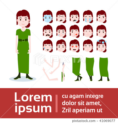 girl character constructor set of various female emotion faces, hands, legs body parts template for 41069077