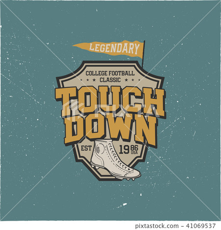 Classic college t shirt design, shield. American football tee graphic design. Touchdown sign. USA Classic college t shirt design, shield. American football tee graphic design. Touchdown sign. USA 41069537
