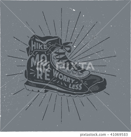 Vintage hand drawn hiking boots design. Hike... - Stock Illustration ...
