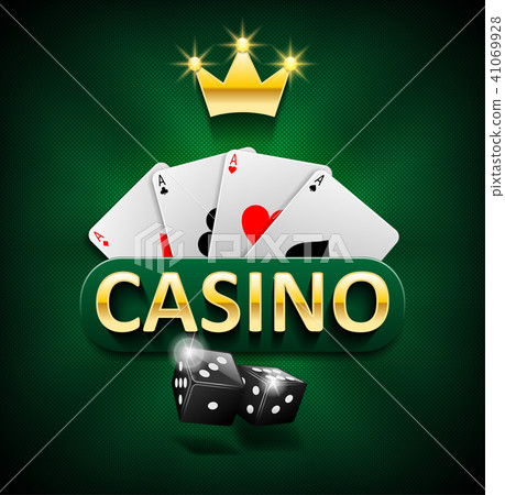 Casino marketing banner with dice and poker cards on green background. Playing jackpot and gambling 41069928