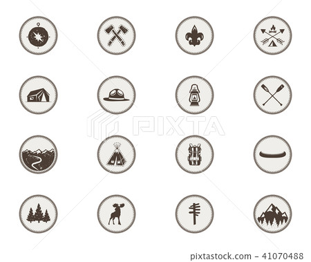 Boy scouts icons, patches. The full bundle. Camping stickers. Tent symbol, moose pictogram, backpack Boy scouts icons, patches. The full bundle. Camping stickers. Tent symbol, moose pictogram, backpack 41070488