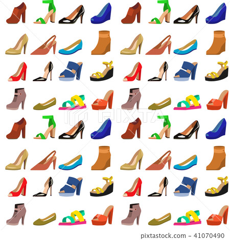 Womens shoes flat design vector seamless pattern background leather colored moccasins sandals Womens shoes flat design vector seamless pattern background leather colored moccasins sandals 41070490