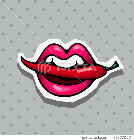 Fashion patch badge with sexy lips with chili pepper pop art style sticker with dot background 41077097