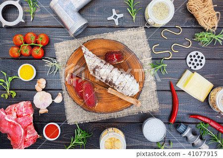 Ingredients of the production of cured sausage. Ingredients of the production of cured sausage. 41077915
