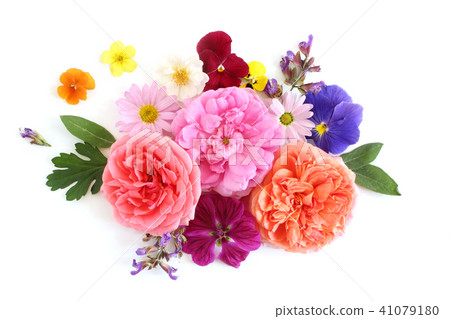 Feminine floral composition. Bouquet of edible wild and garden flowers and herbs. Old roses, sage 41079180