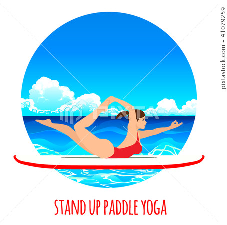 Woman practicing SUP yoga on a paddle board in the sea ocean Vector illustration. Sea background Woman practicing SUP yoga on a paddle board in the sea ocean Vector illustration. Sea background 41079259