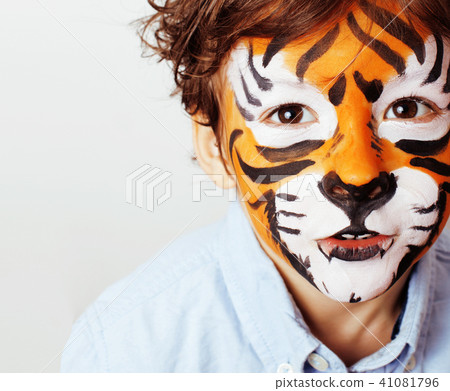 little cute boy with faceart on birthday party close up, little little cute boy with faceart on birthday party close up, little 41081796