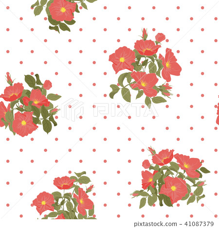 Blooming wild flowers seamless pattern with polka dots on white background in hand drawing style 41087379