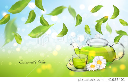 Procurement for the brochure of chamomile tea with a transparent glass teapot and a cup. Vector 41087401