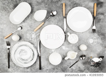 Breakfast utensils on gray background. Top view 41093093