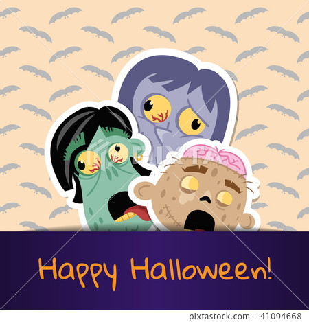 Happy Halloween poster with cute zombie heads Happy Halloween poster with cute zombie heads 41094668