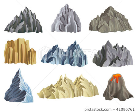 Flat vector set of mountain and volcano silhouettes. Mountaineering theme. Natural landscape element Flat vector set of mountain and volcano silhouettes. Mountaineering theme. Natural landscape element 41096761