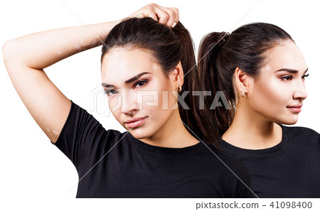 Collage of beautiful woman with vitiligo in black t-shirt. 41098400