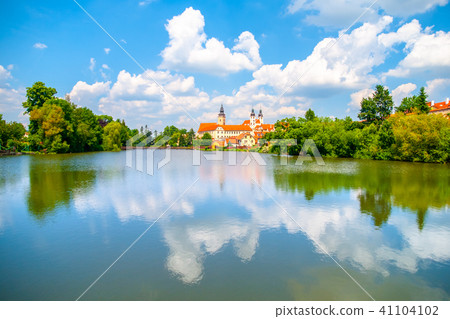 Panoramic view of Telc historical center. Water reflection, Czech Republic. UNESCO World Heritage Panoramic view of Telc historical center. Water reflection, Czech Republic. UNESCO World Heritage 41104102
