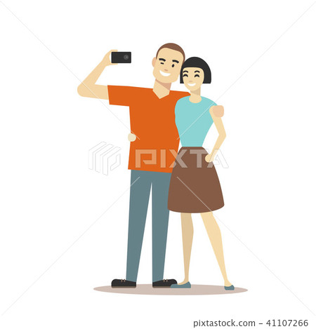 Cartoon Couple Takes Selfie Concept. Vector Cartoon Couple Takes Selfie Concept. Vector 41107266