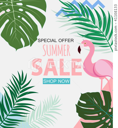 Abstract Tropical Summer Sale Background with Flamingo and Leaves. Vector Illustration 41108133